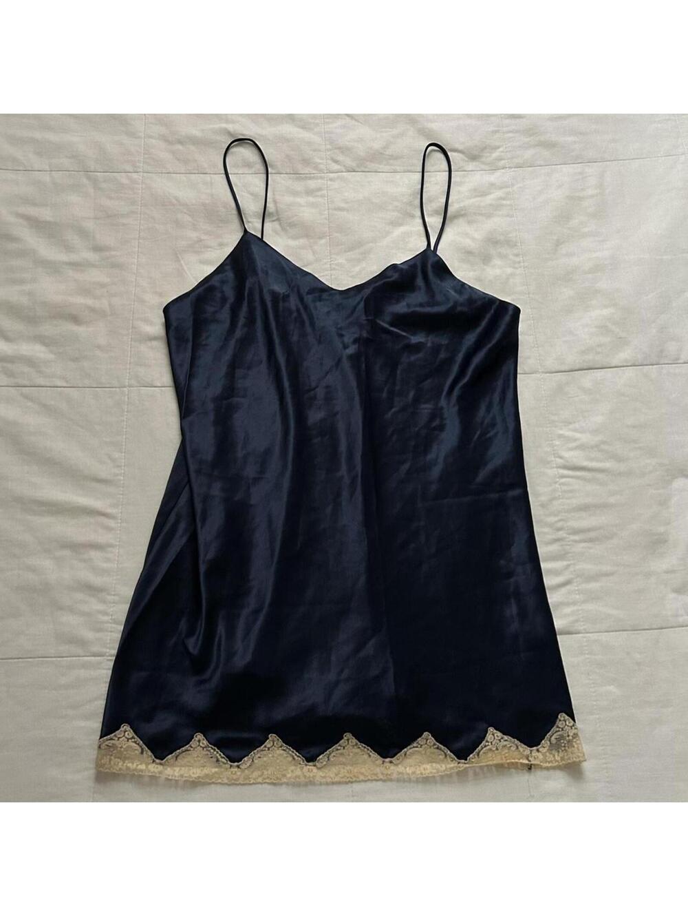 90s Calvin Klein navy slip dress with cream lace hem detailing